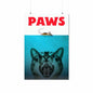Poster with a cat underwater, a mouse above water, and 'PAWS' text at the top.