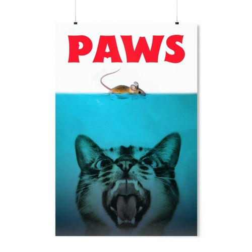 Poster with a cat's face underwater, a mouse above water, and 'PAWS' text at the top.