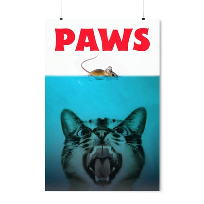 Poster with a cat's face underwater, a mouse above water, and 'PAWS' text at the top.