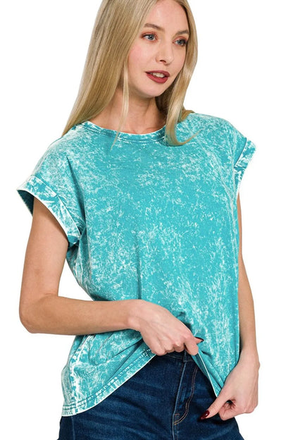 Zenana Crinkle Washed Round Neck Folded Short Sleeve Tee