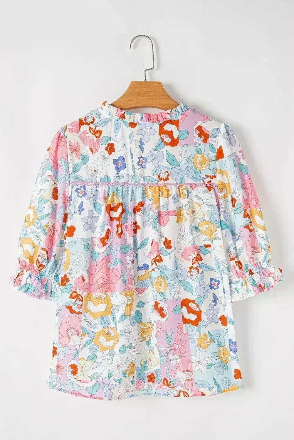 Pink Boho Flower Print Frill Neck Puff Sleeve Blouse | Femstylo