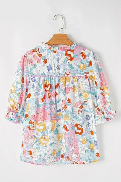 Pink Boho Flower Print Frill Neck Puff Sleeve Blouse | Femstylo