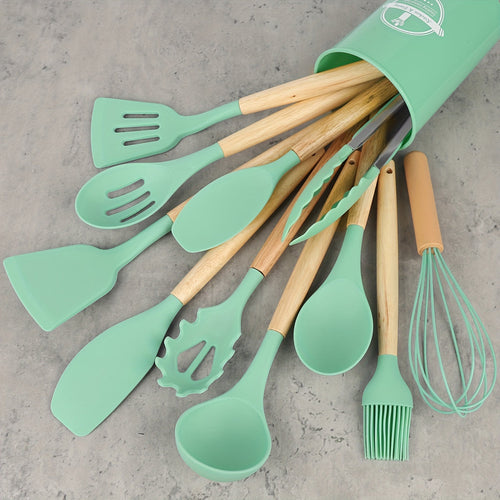 12Piece Silicone Kitchen Utensil Set with Wooden Handles