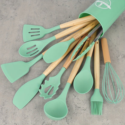 12Piece Silicone Kitchen Utensil Set with Wooden Handles