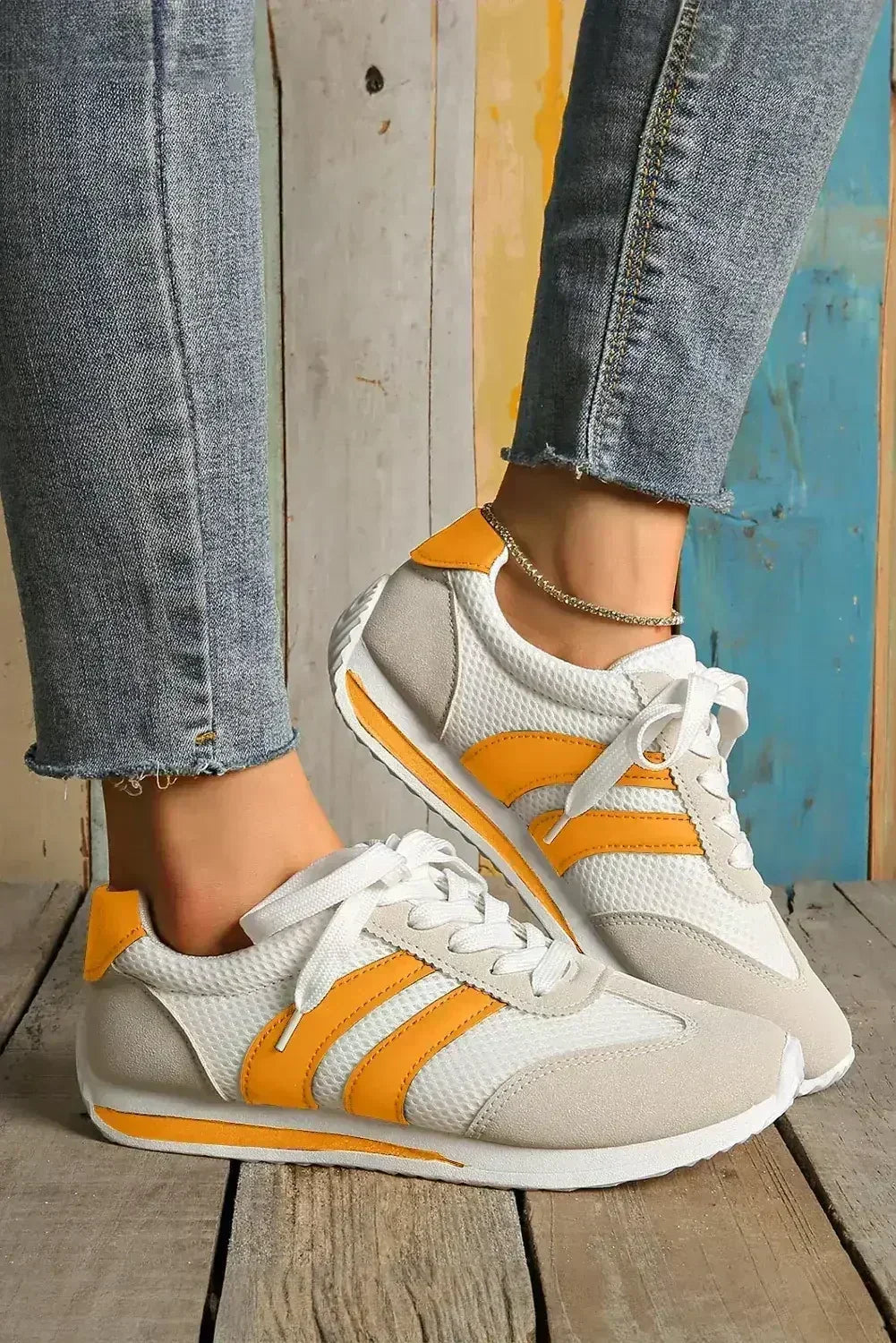 Yellow Patchwork Sneakers - Microfiber Breathable Shoes - Wholesale Comfort