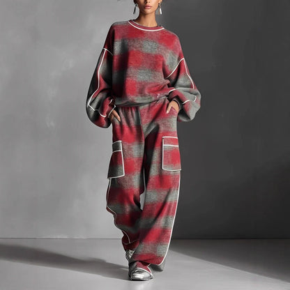 Women's Independent Brand Street Style Distressed Plaid Pantsuit With Contrasting Piping