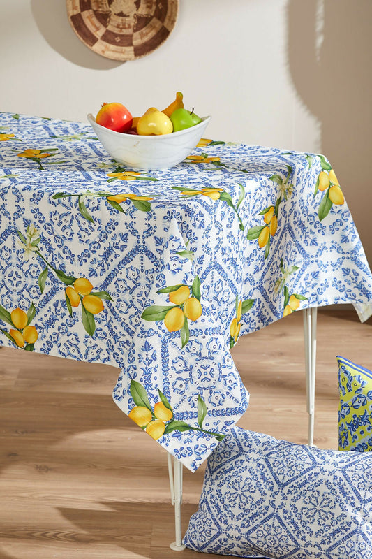 Italian Lemons and Blue Patterned Tablecloth Perfect for Spring and