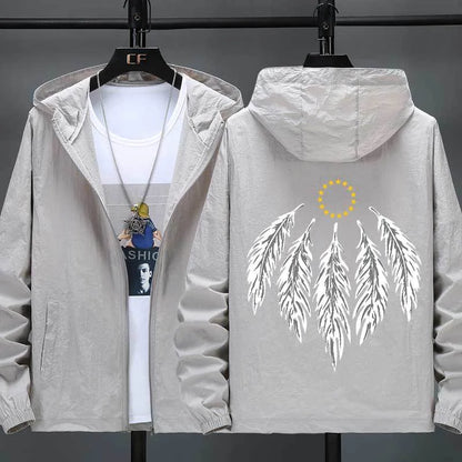 Hooded Jacket with Feather Print Plus Size Jacket