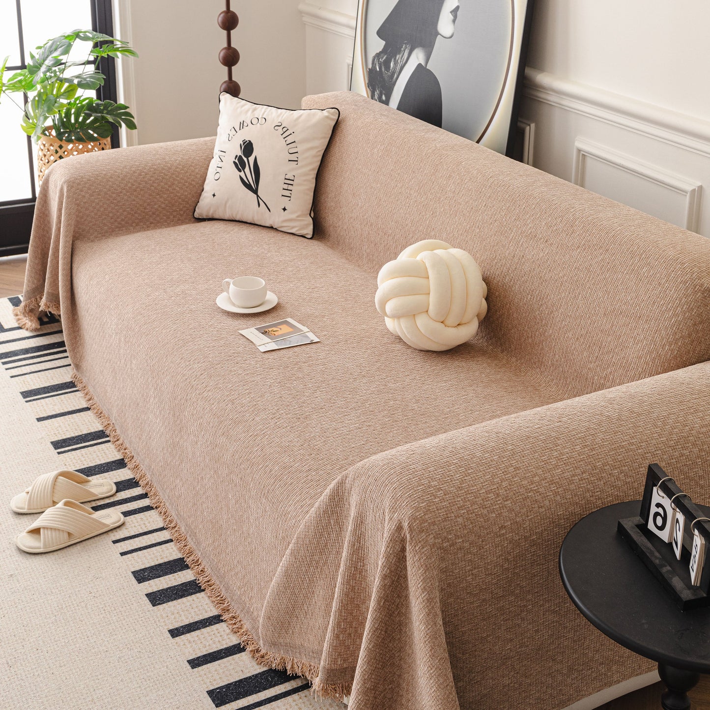 Textured Woven Modern Sofa Cover, Natural Blend Decorative Couch Throw Blanket