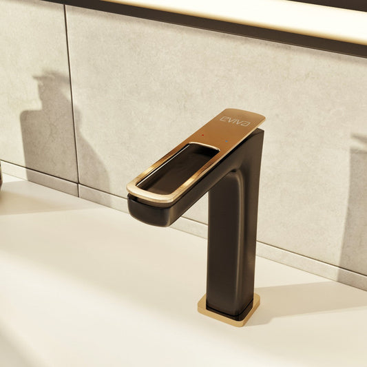 Eviva Rose Single-Handle Waterfall Single-Hole Bathroom Faucet with Gold Handle and Deckplate Included in Matte Black