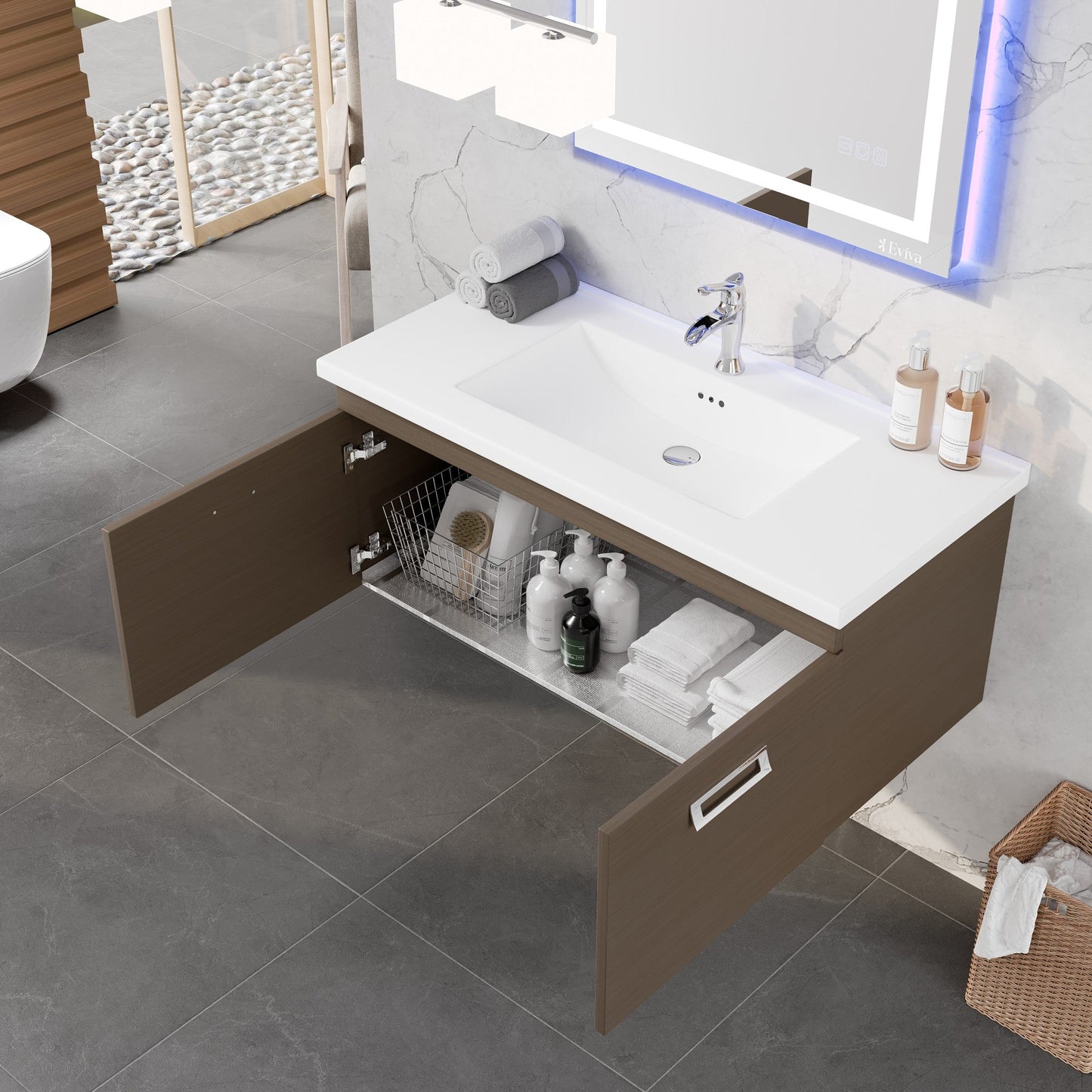 Eviva Orleans Wall Mount Bath Vanity with Porcelain Top and Integrated Sink