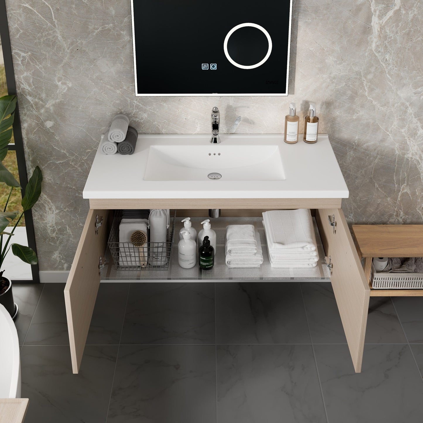 Eviva Orleans Wall Mount Bath Vanity with Porcelain Top and Integrated Sink