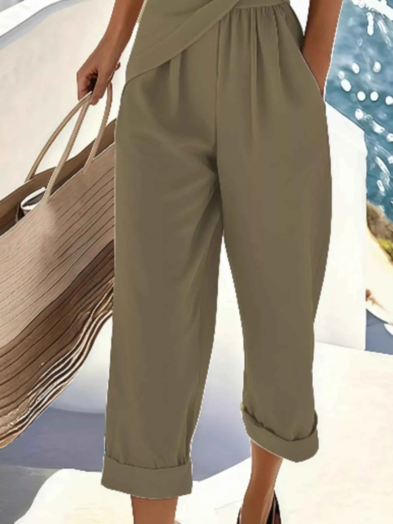 Full Size Surplice Short Sleeve Top and Pants Set Plus Size Pantsuit