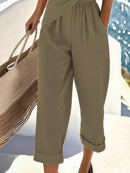 Full Size Surplice Short Sleeve Top and Pants Set Plus Size Pantsuit