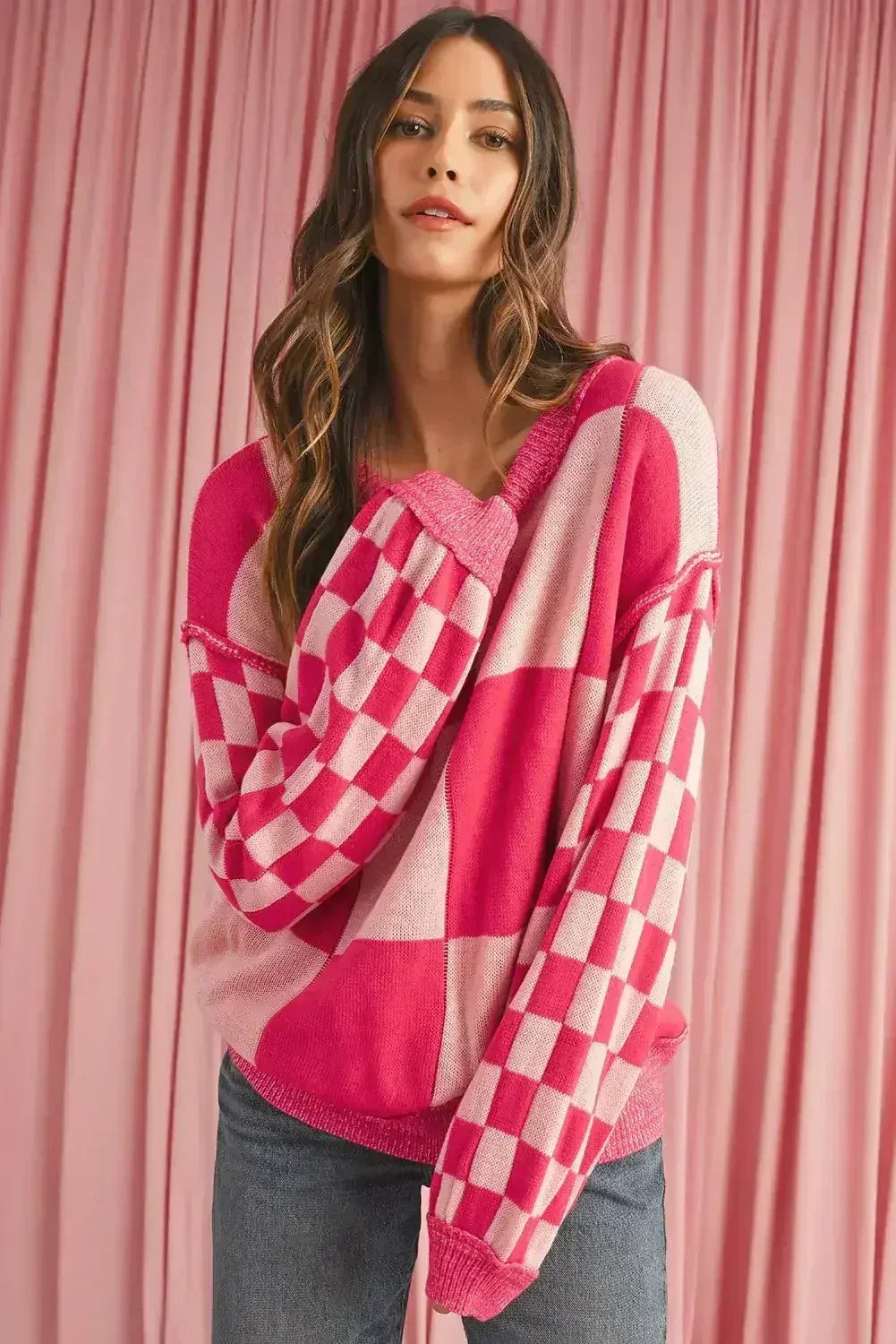 Rose Red Checkered Drop Sleeve Knit Sweater