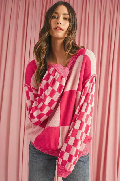 Rose Red Checkered Drop Sleeve Knit Sweater