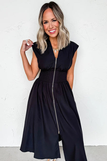 Black Sleeveless Zipped Front V Neck Shirred Waist Midi Dress