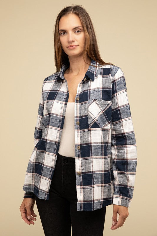 ZENANA Cotton Plaid Shacket With Front Pocket