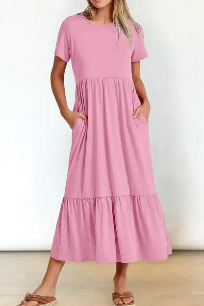 Black Solid Color Short Sleeve High Waist Pocketed Midi Dress