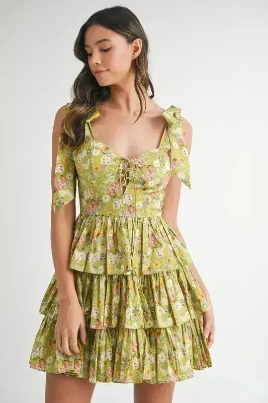 MABLE Floral Mini Dress – Adjustable Shoulder Tie Layered Design