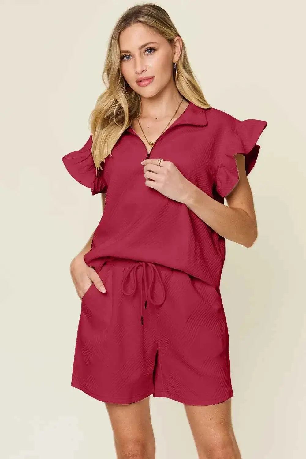 Plus Size Flounce Sleeve 2 piece top and shorts set