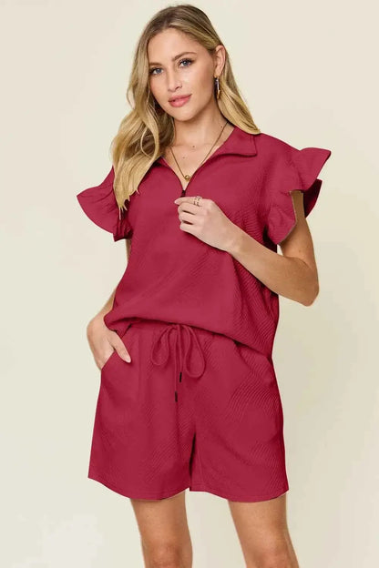 Plus Size Flounce Sleeve 2 piece top and shorts set