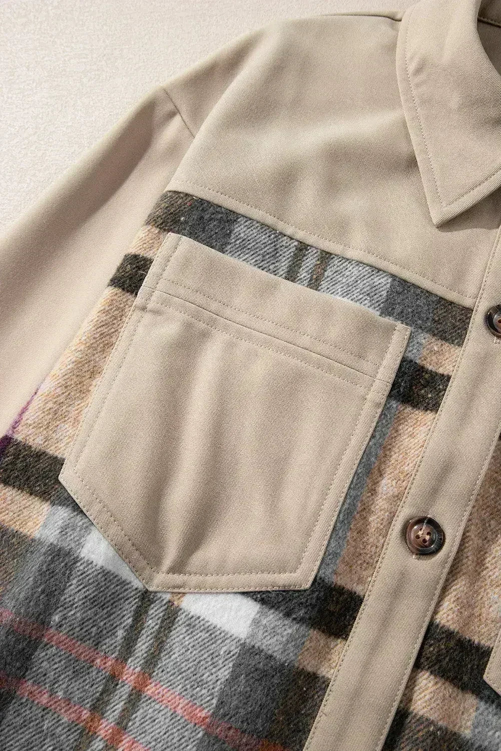 Khaki Plaid Patchwork Long Sleeve Mini Dress with Pockets
