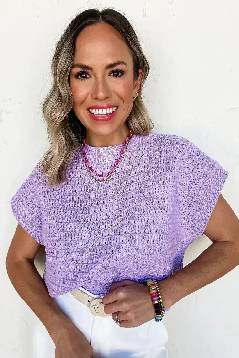 Lavendula Solid Color Ribbed Trim Pointelle Knit Top