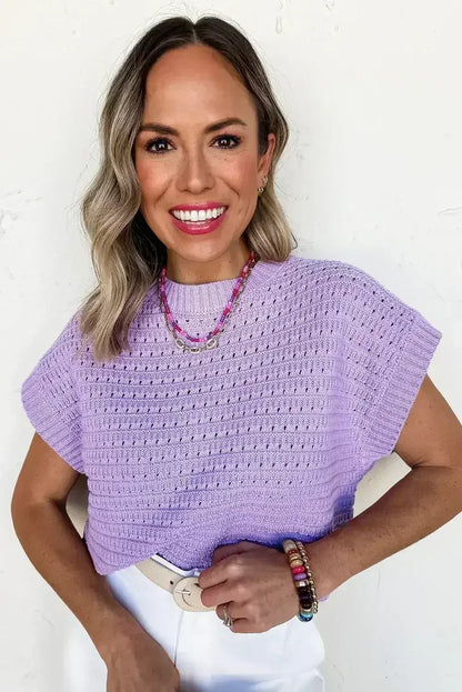 Lavendula Solid Color Ribbed Trim Pointelle Knit Top
