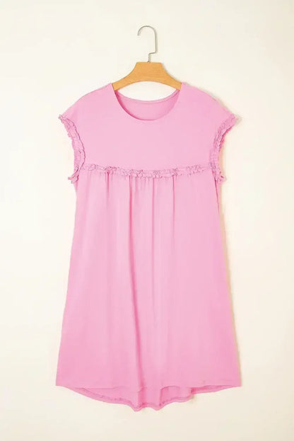 Oatmeal Frilled Trim Crewneck Loose Fit Mini Dress