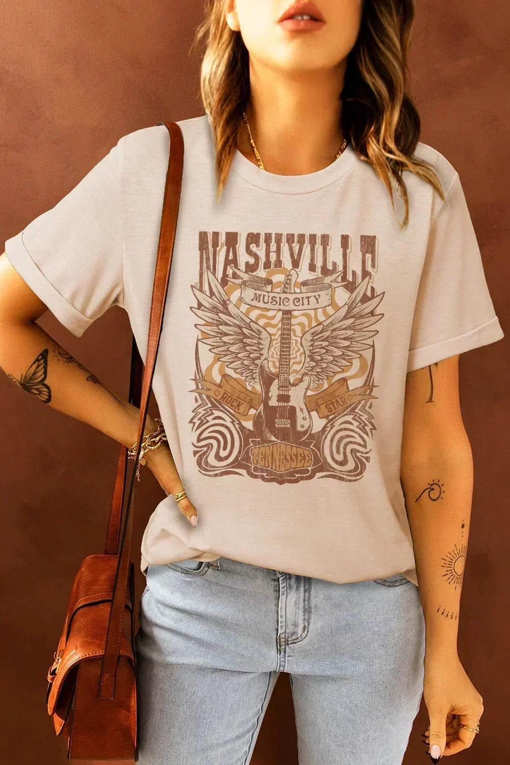 Khaki Band Tee Casual Short Sleeve Crew Neck Graphic T Shirt