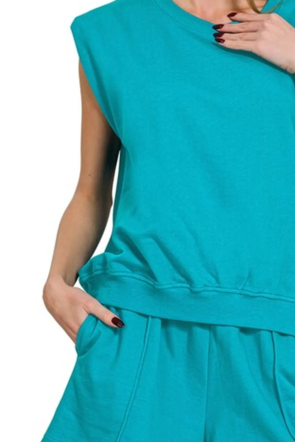 Zenana French Terry Sleeveless Top & Shorts Set in Teal
