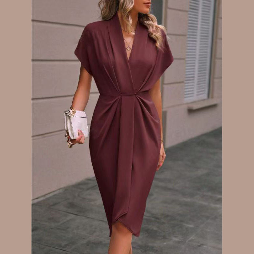 Summer Batwing Sleeve Dress - Stylish V-neck Pleated Short Sleeve Dress for Women
