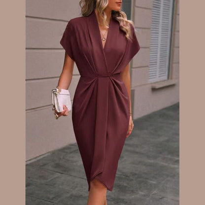 Summer Batwing Sleeve Dress - Stylish V-neck Pleated Short Sleeve Dress for Women