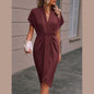 Summer Batwing Sleeve Dress - Stylish V-neck Pleated Short Sleeve Dress for Women