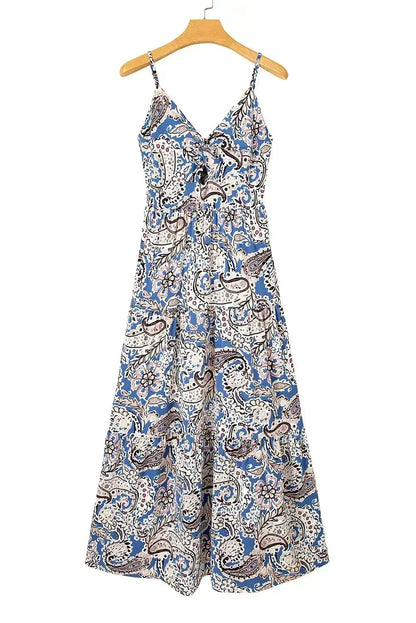 Blue Paisley Print Twist Boho Maxi Dress