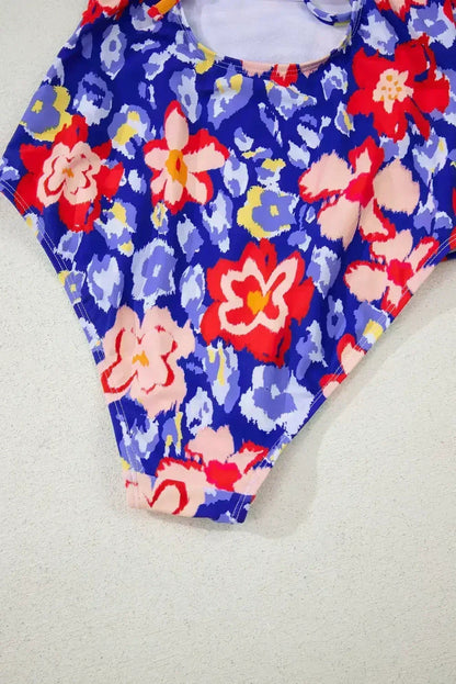 Pink Floral Ruffle Trim V Neck Backless One Piece Swimsuit