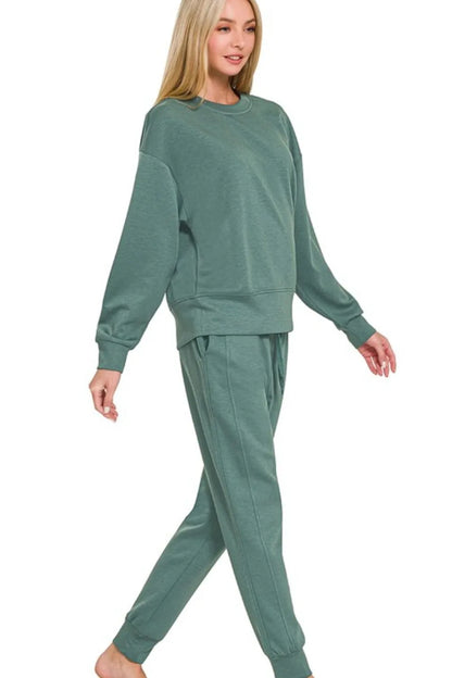 Zenana Scuba Crewneck Pullover & Joggers 2 Pieces Set