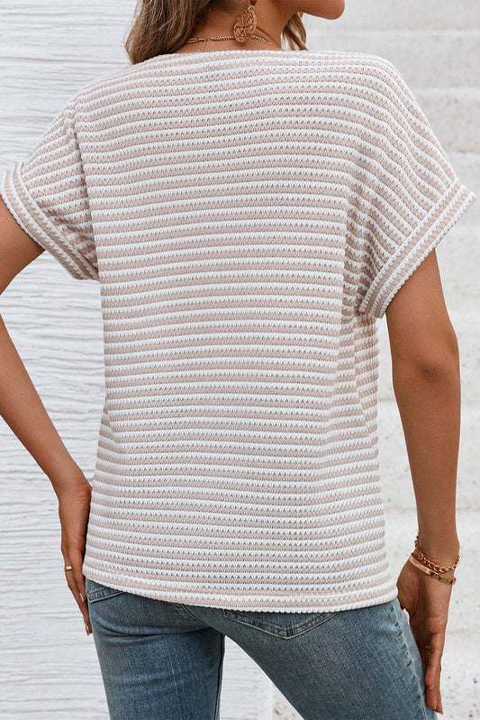 Khaki Striped Knitted Top with Button Front and V Neck for Women's Blouse