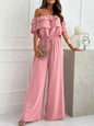 Wide Leg Jumpsuit - Off-Shoulder Ruffled Jumpsuit