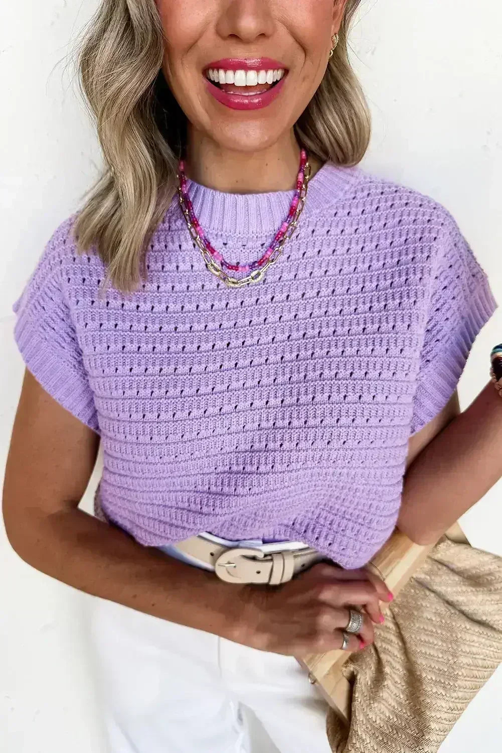 Lavendula Solid Color Ribbed Trim Pointelle Knit Top