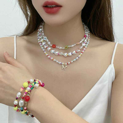 Gold-plated Pearl Necklace with Inlaid Pearls - Multi-row Women's Suit