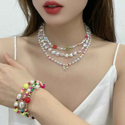 Gold-plated Pearl Necklace with Inlaid Pearls - Multi-row Women's Suit