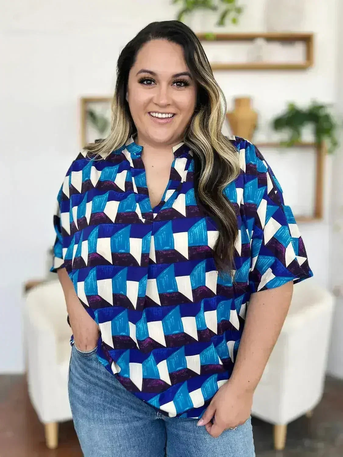Geometric Notched Sleeve Blouse - Versatile Top | Femstylo