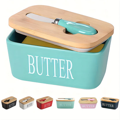 Large Ceramic Butter Dish with Bamboo Lid and Knife