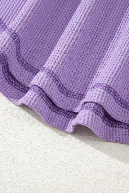 Blue Exposed Seam Drop Sleeve V Neck Waffle Textured Top