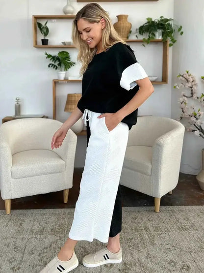 Plus Size Contrast T-Shirt and Wide Leg Pants Set