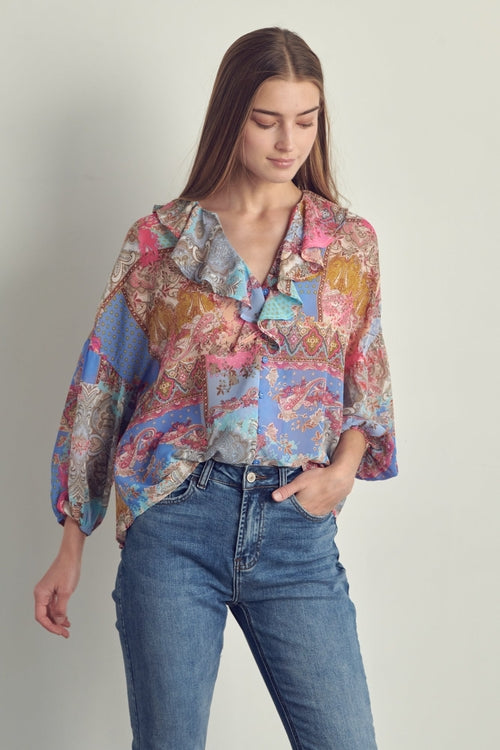 Ruffled V-Neck Patchwork Blouse | Apparel | Kitchen + Metal