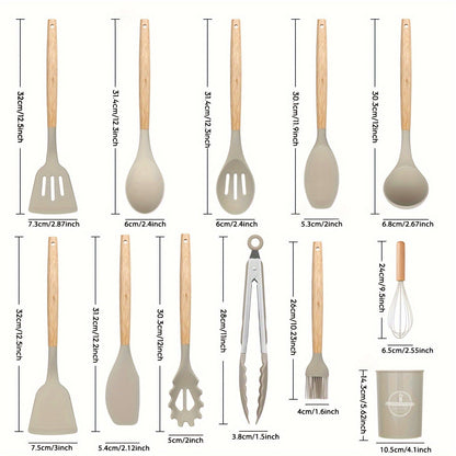 12Piece Silicone Kitchen Utensil Set with Wooden Handles