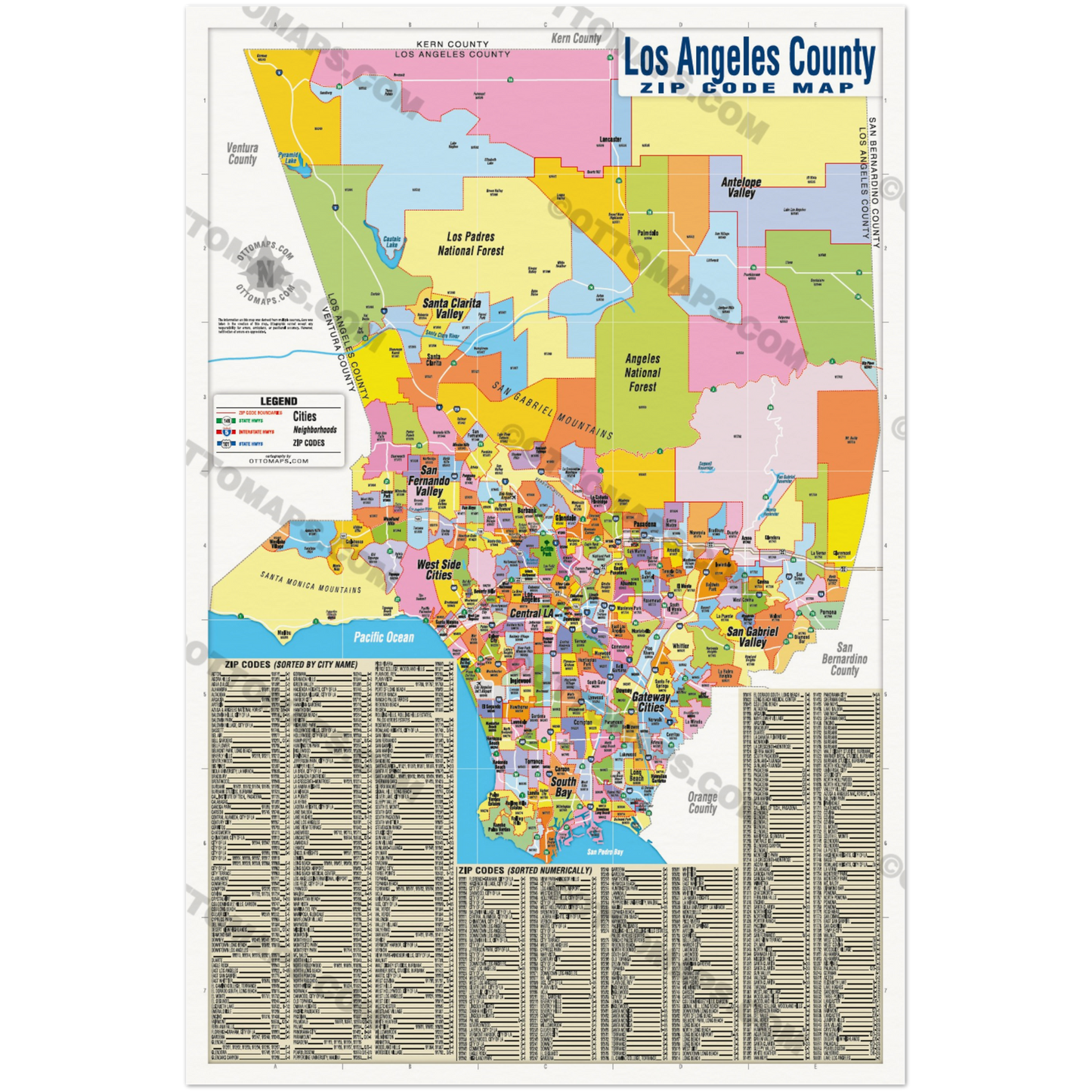 Los Angeles County Zip Code Map - FULL (Zip Codes Colored) - POSTER PRINTS